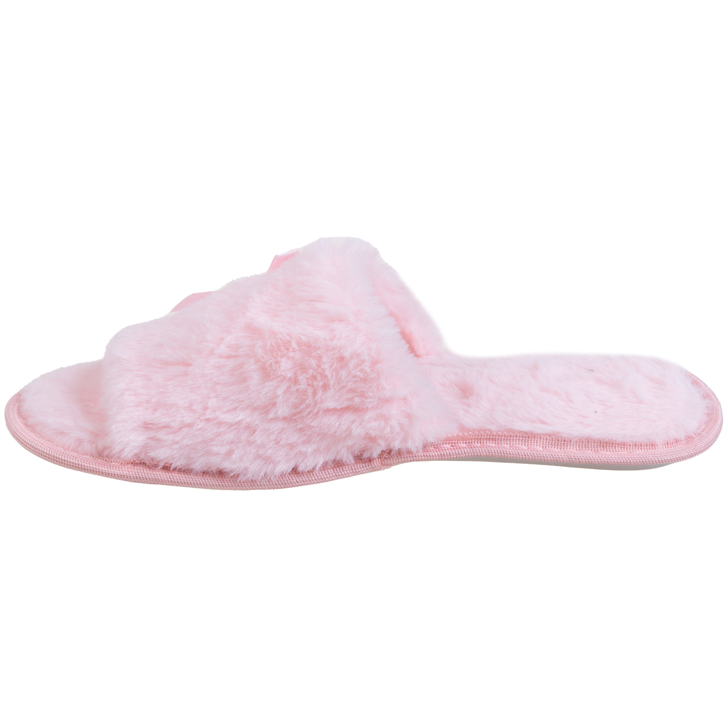 Faux fur open toe slippers with satin bow & jewel - Pink. Colour: pink