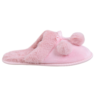 Faux fur slide slippers with pompoms