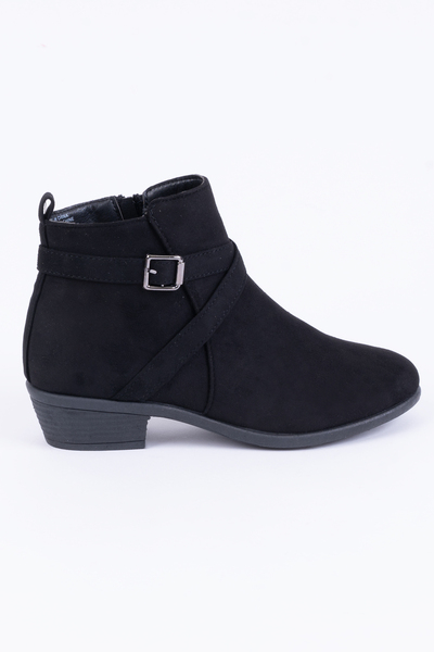 Faux-suede booties with side buckle strap