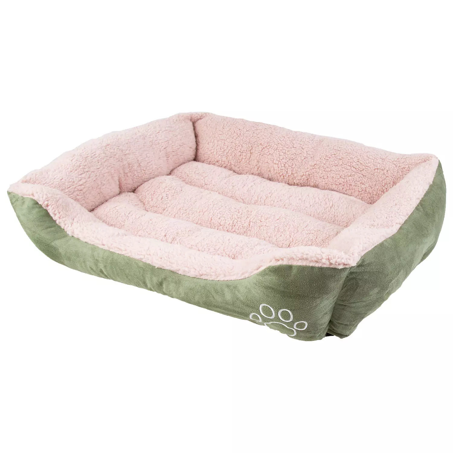 Faux suede, rectangular pet bed, medium, green & blush