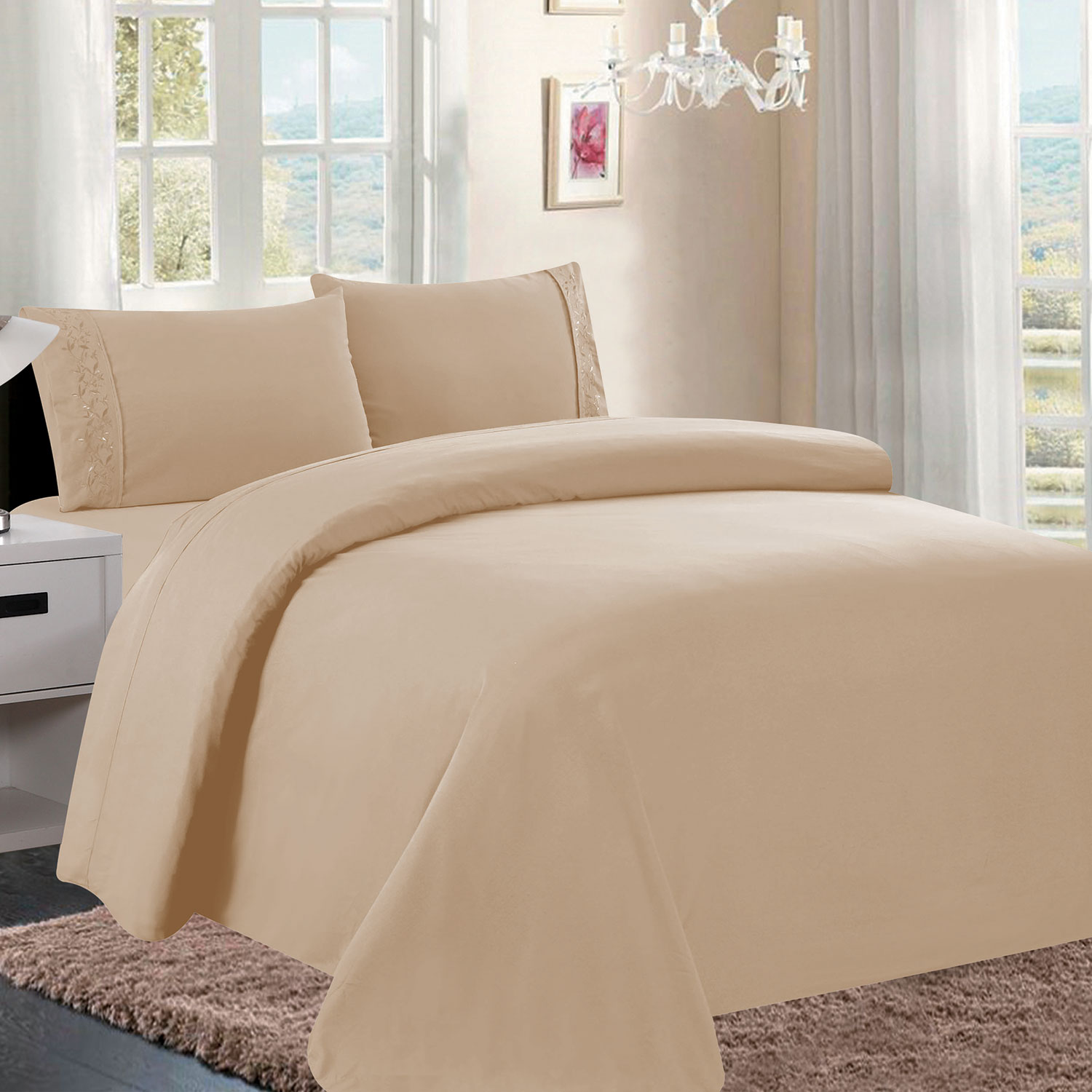 FEUILLE Collection - Solid sheet set with embroidered leaves trim - Double, beige