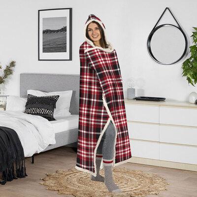 Flannel hooded throw blanket with sherpa reverse, 48"X65"