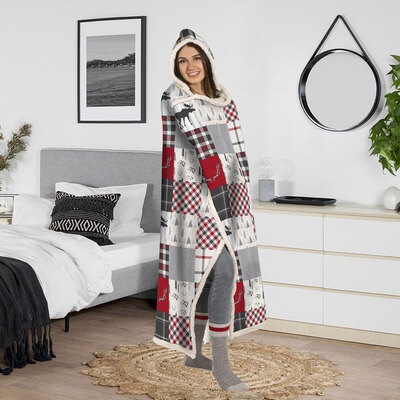 Flannel hooded throw blanket with sherpa reverse, 48"X65"