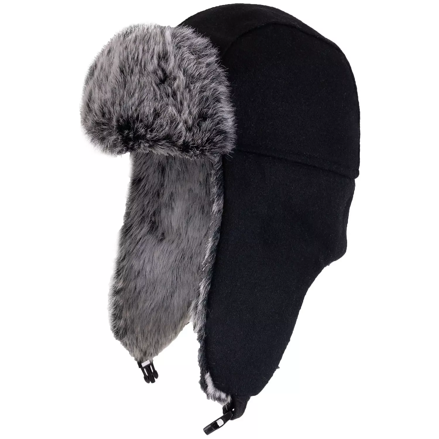Fleece aviator hat with faux fur lining & trims, black