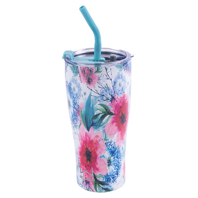 Floral stainless steel tumbler with silicone straw, 20oz