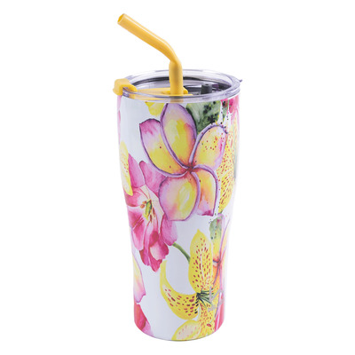 Floral stainless steel tumbler with silicone straw, 30oz