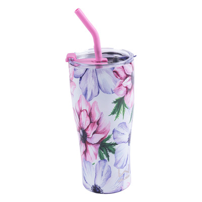 Floral stainless steel tumbler with silicone straw, 30oz