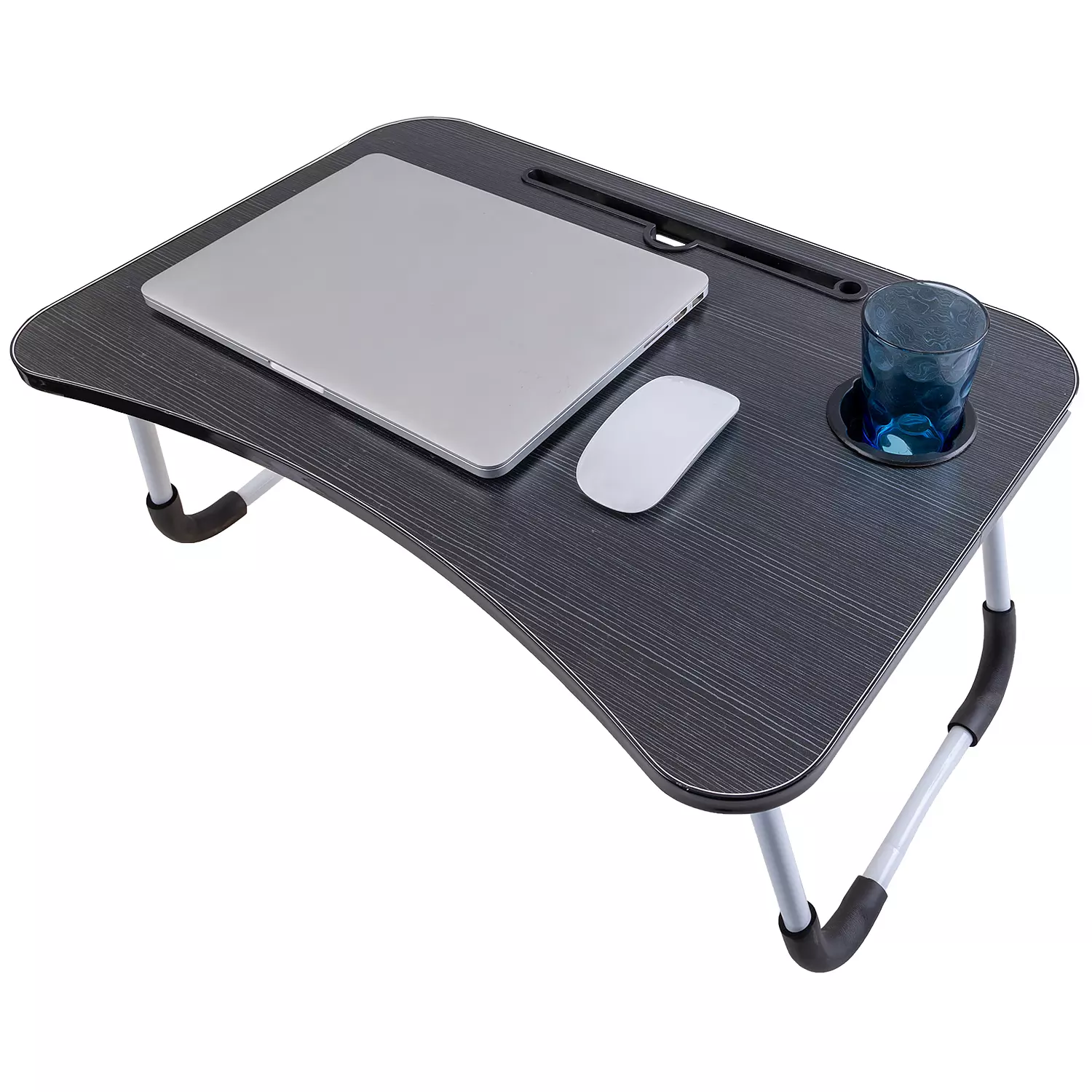 Folding laptop desk / tray table with cup slot, black wood