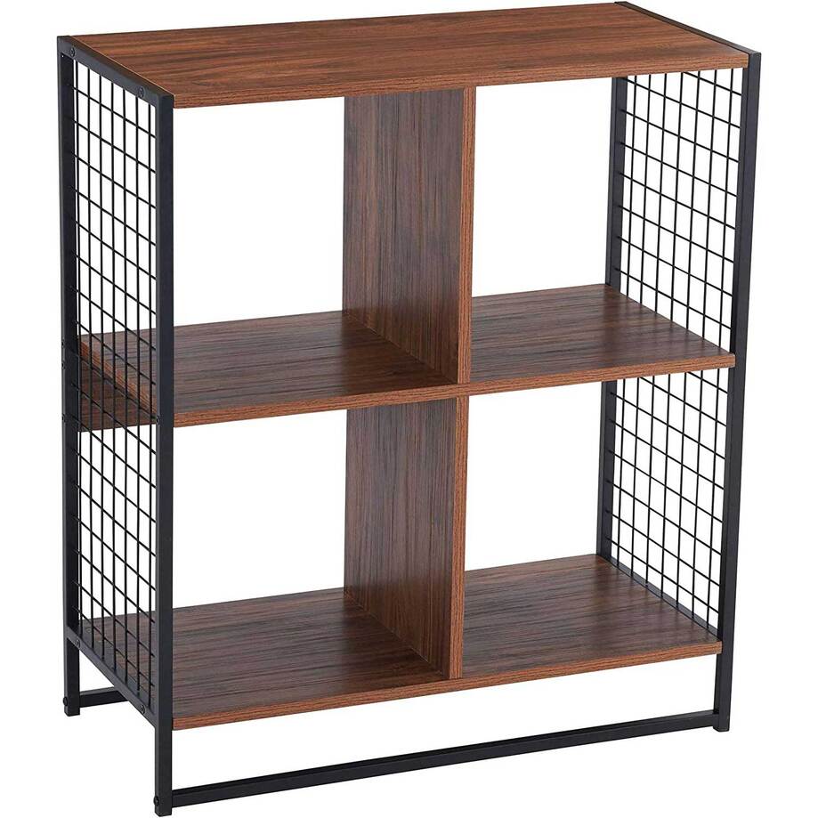 Free-standing 2-tier shelving unit, 4-cube, wood grain and metal wire mesh