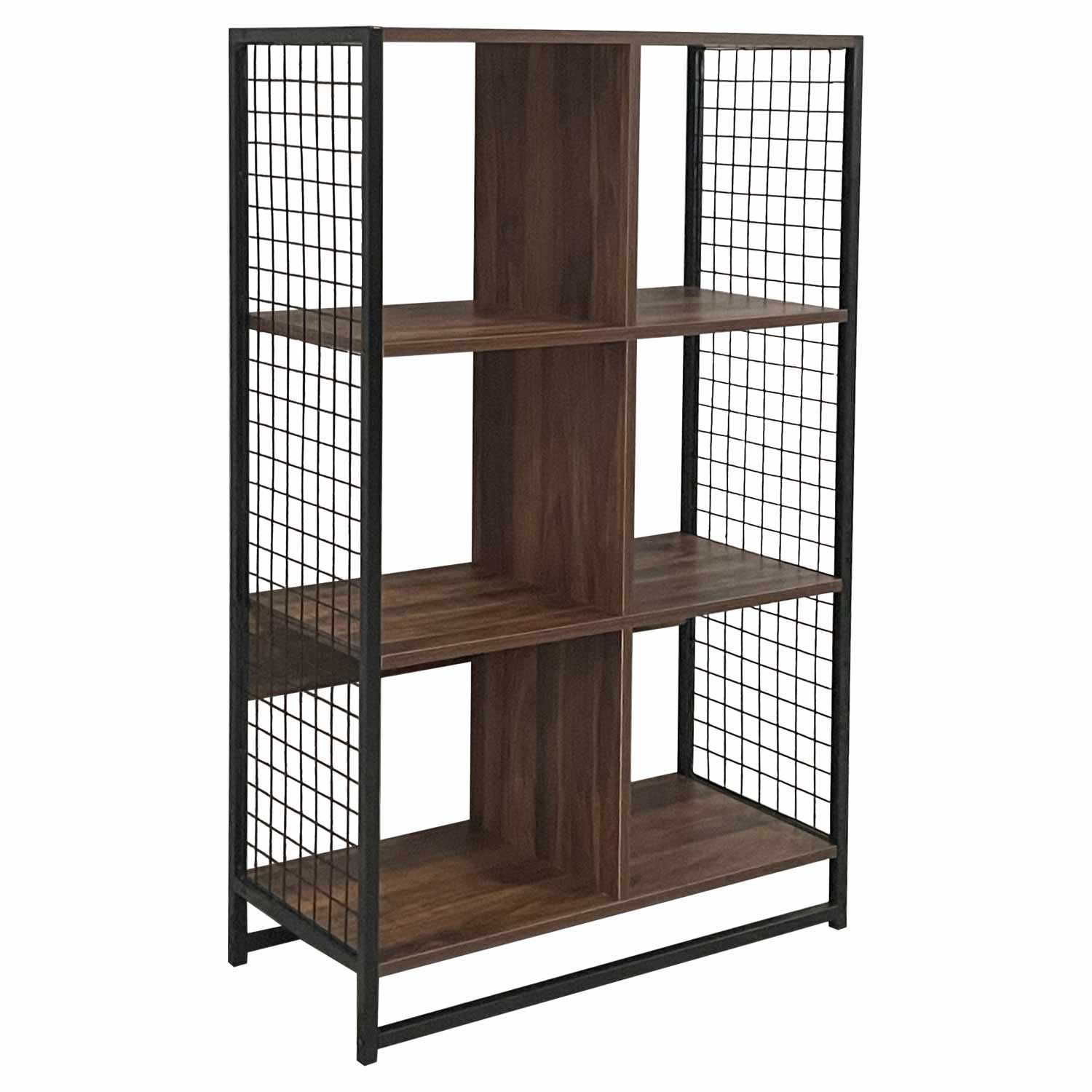 Free-standing 3-tier shelving unit, 6-cube, wood grain and metal wire mesh