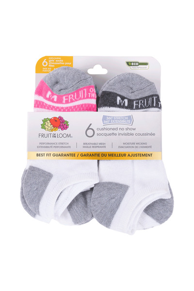 Fruit of the Loom - Girls' cushioned no show socks, pk. of 6