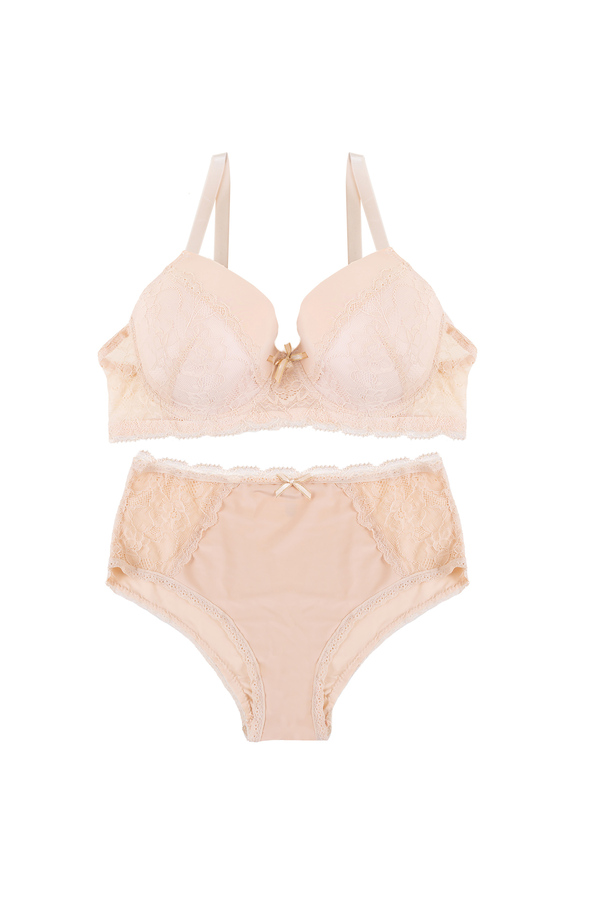 Full coverage lace bra set with high cut coordinated brief, beige - Plus  Size. Colour: beige. Size: 40c/9