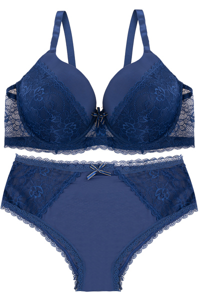 Full coverage lace bra set with high cut coordinated brief, navy blue - Plus Size