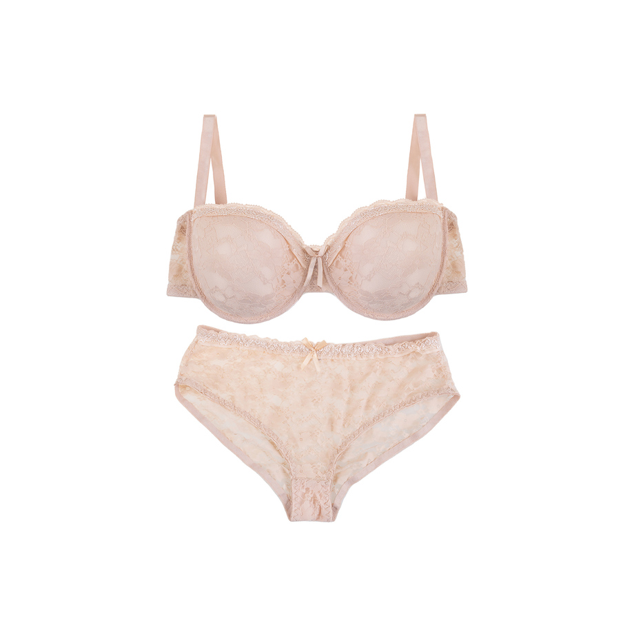 Full coverage lace underwire bra set with cheeky panty, off white - Plus Size