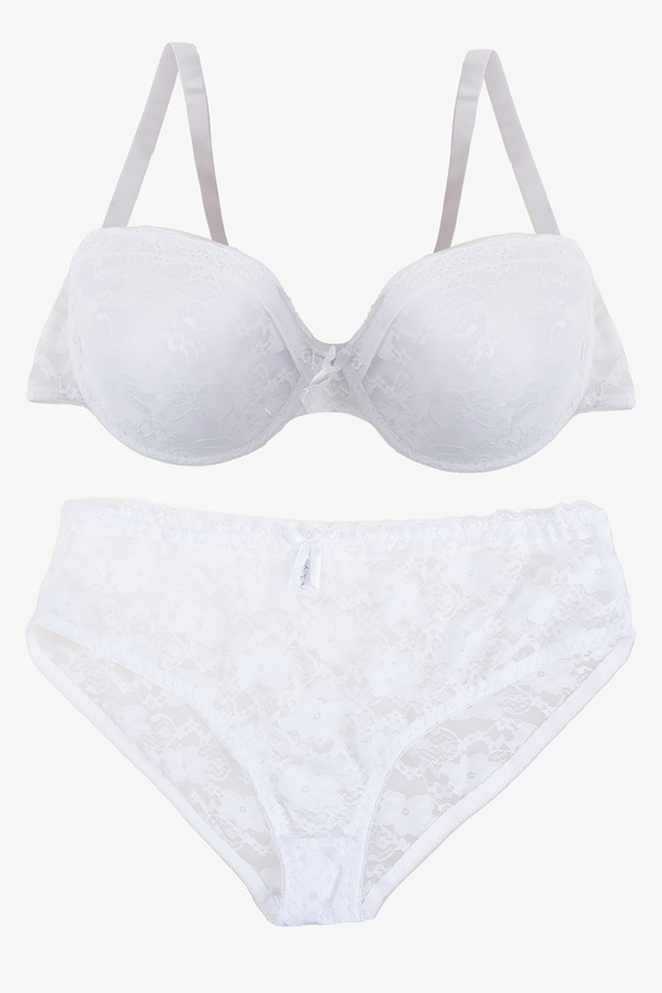 Full coverage lace underwire bra set with cheeky panty, white
