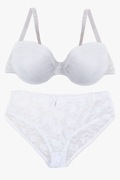 Full coverage lace underwire bra set with cheeky panty - White - Plus Size