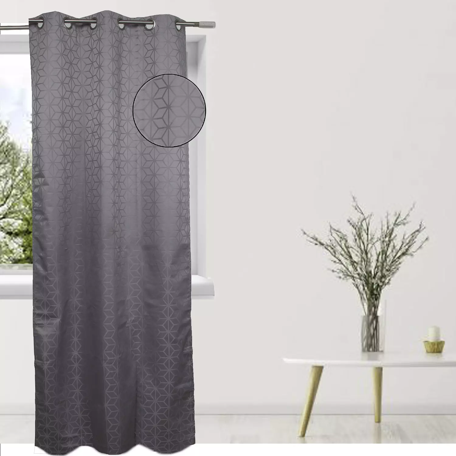 Geo room darkening curtain with metal grommets, 38"x84", dark grey