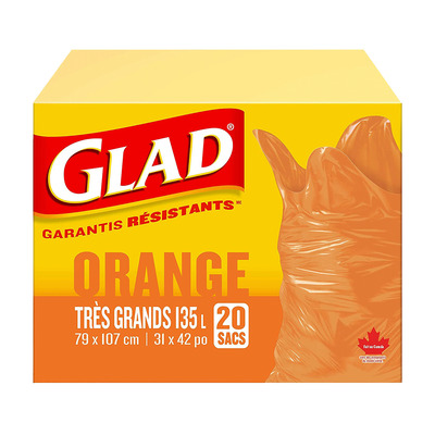Glad - Très grand sacs à ordures intérieur/extérieur à rabat, paq. 20, orange, 135 L