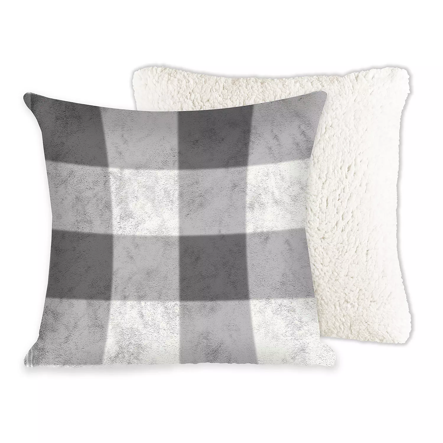 Grey buffalo plaid decorative cushion with sherpa back, 17"x17"