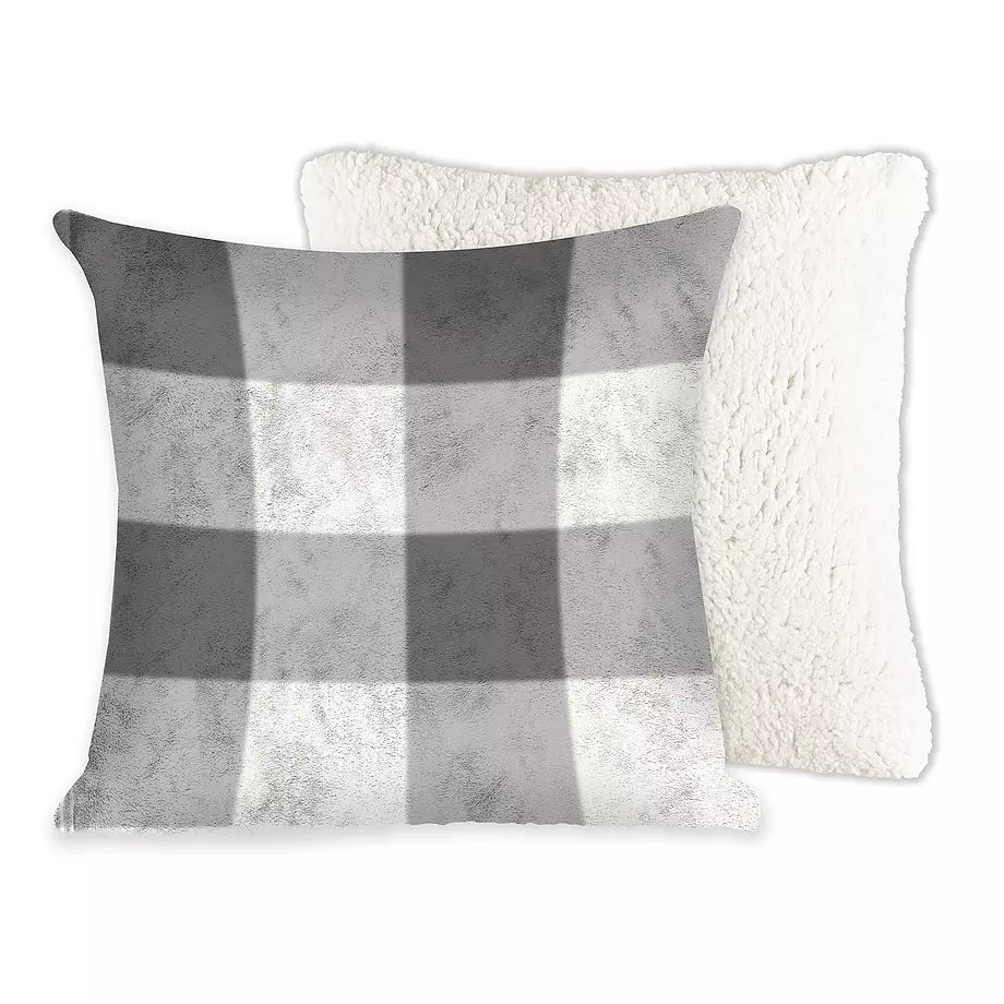 Grey buffalo plaid decorative cushion with sherpa back, 17