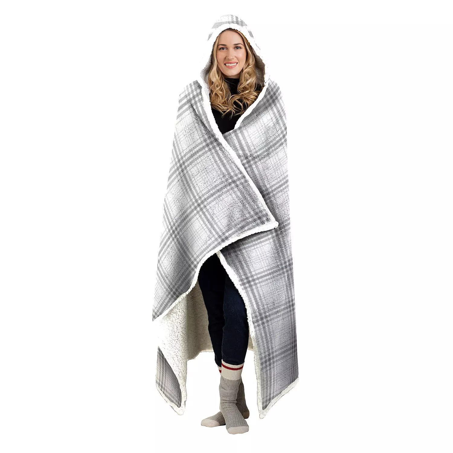 Grey plaid hooded throw blanket with sherpa lining ,48"x65"