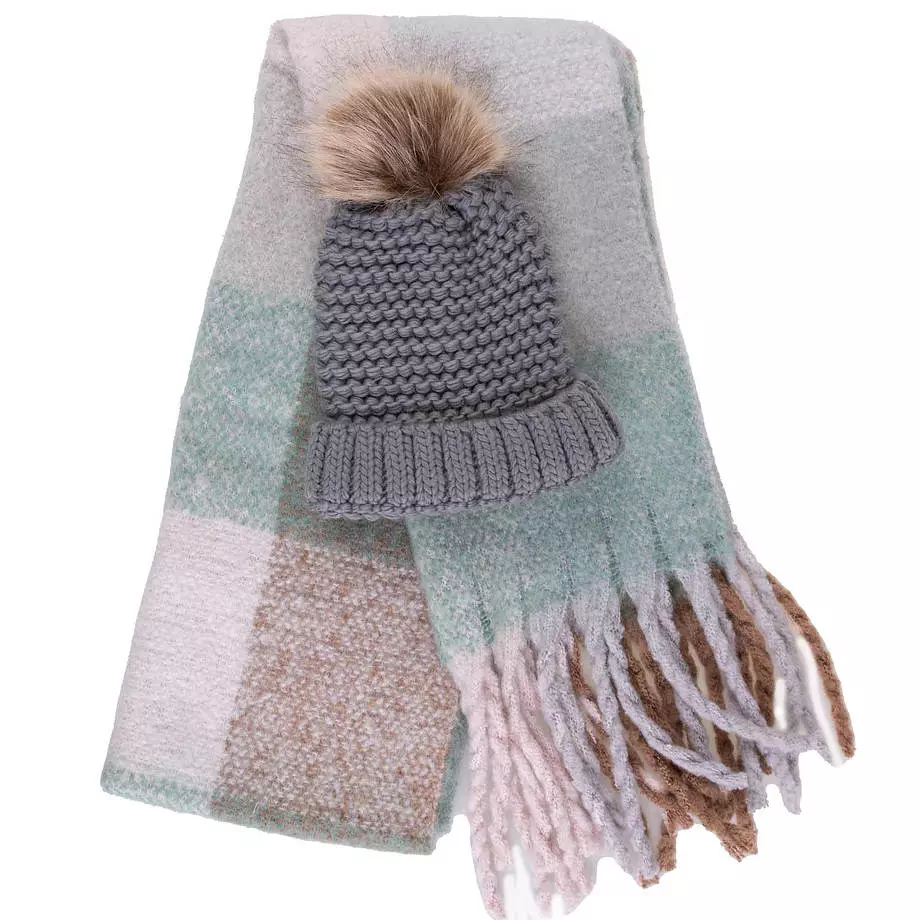 Hat with pompom and cozy scarf with fringes set, gris