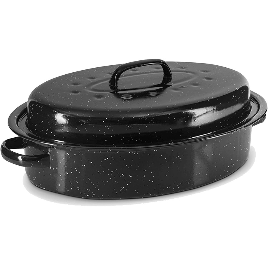 Henlé Pro - Black oval-shaped enamel roaster with lid, 18 lbs