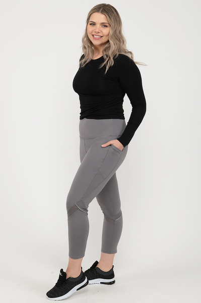 High-waisted 7/8 legging with lateral pockets and reflective accents - Charcoal grey - Plus Size
