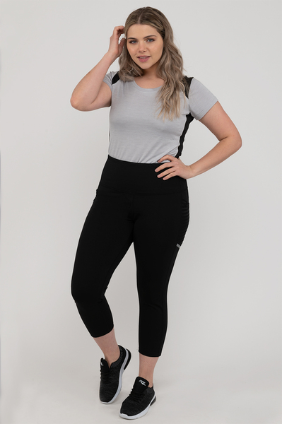 High-waisted 7/8 legging with stripe mesh lateral pockets - Black - Plus Size