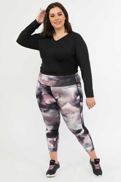 High-waisted tie-dye legging with lateral pockets - Plum watercolor clouds - Plus Size