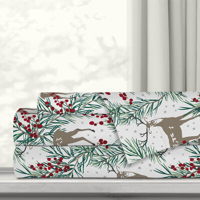 Holiday microfiber sheet set - Reindeer and holly