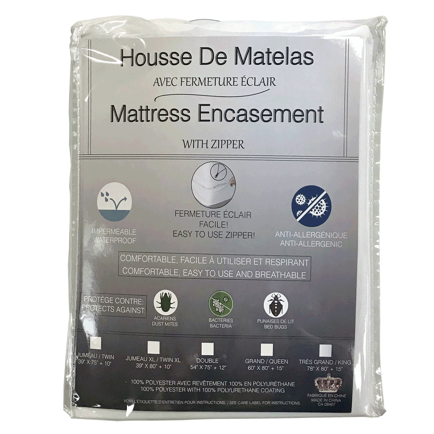 Housse de matelas imperm&eacute;able avec fermeture &eacute;clair - Lit simple