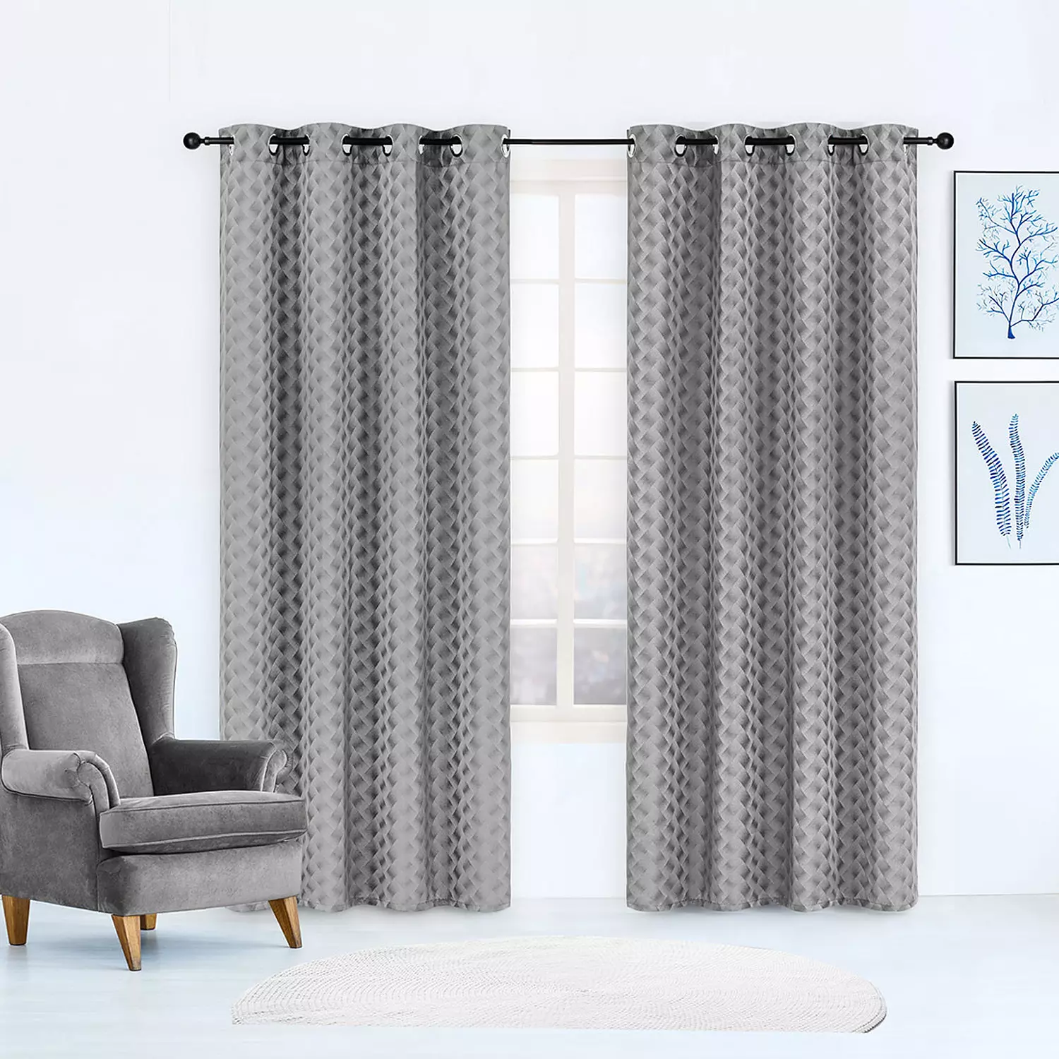Jacquard panel with metal grommets in a gradient diamond pattern, 54"x84", grey