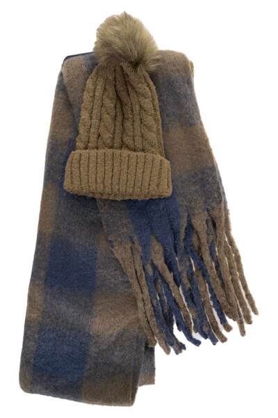 Knit beanie and buffalo plaid scarf gift set