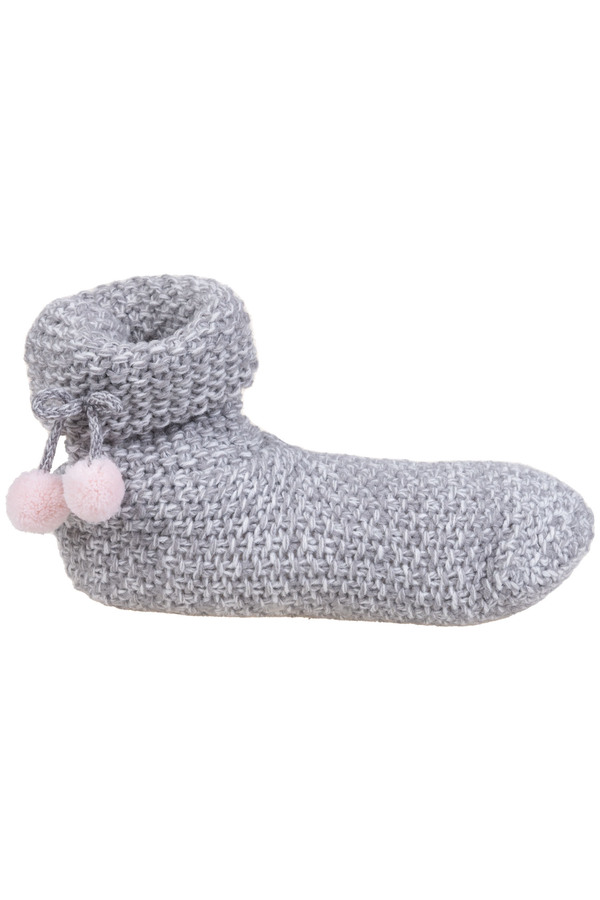 Knit slipper socks - Pink pom pom bow. Colour: light grey. Size: o/s