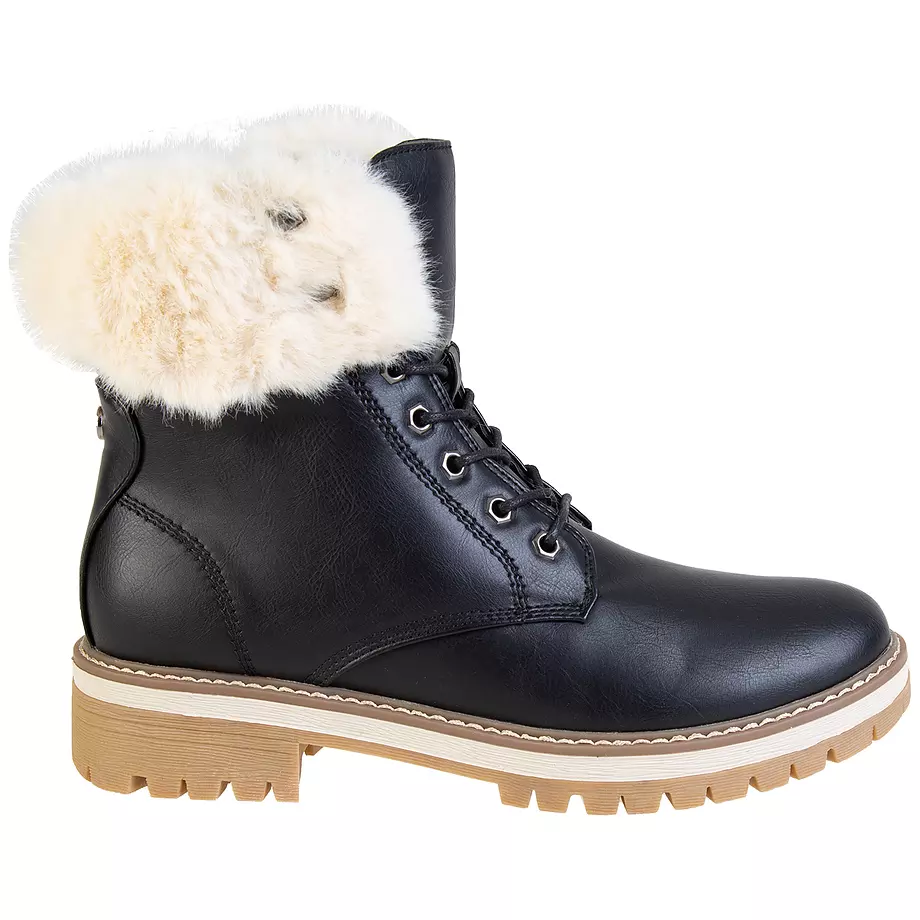 Lace-up faux fur trim fashion combat boots, black, size 10