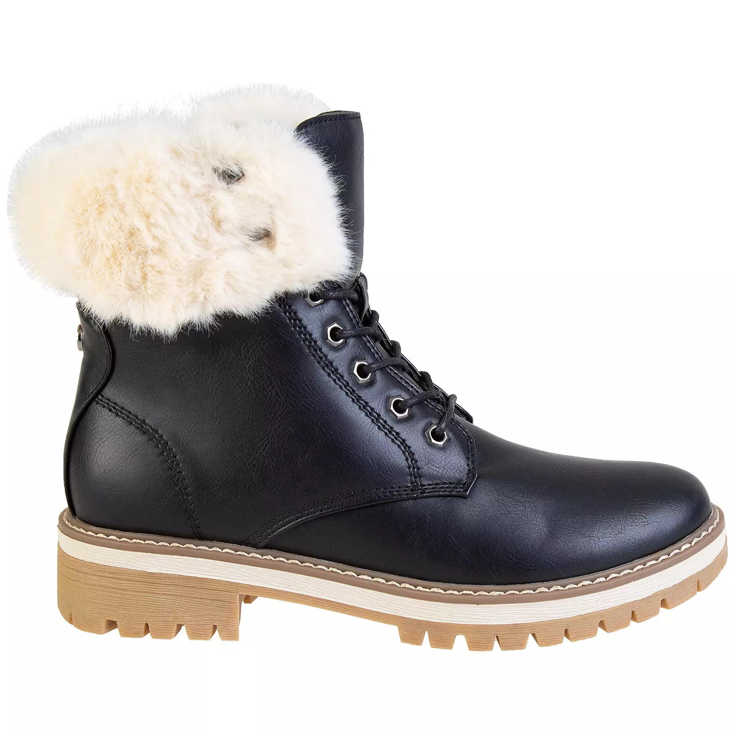 Lace-up faux fur trim fashion combat boots, black, size 6