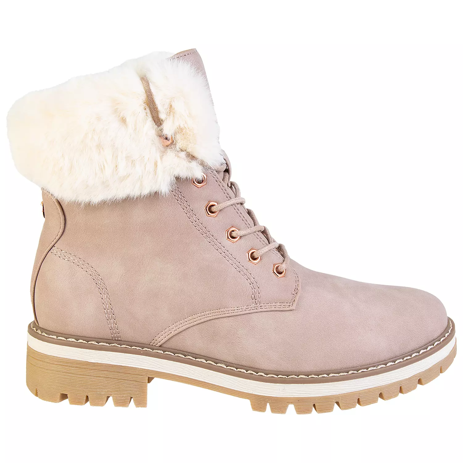 Lace-up faux fur trim fashion combat boots, pink, size 7