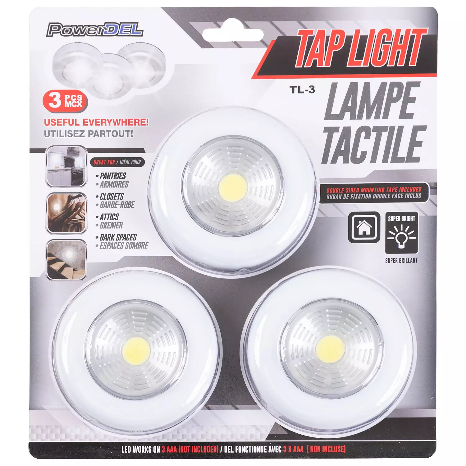 Lampes tactiles DEL, paq. de 3. Colour: grey, Fr