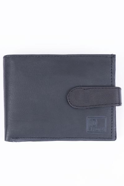 Leather RFID trifold wallet with side-flip wing and ID window