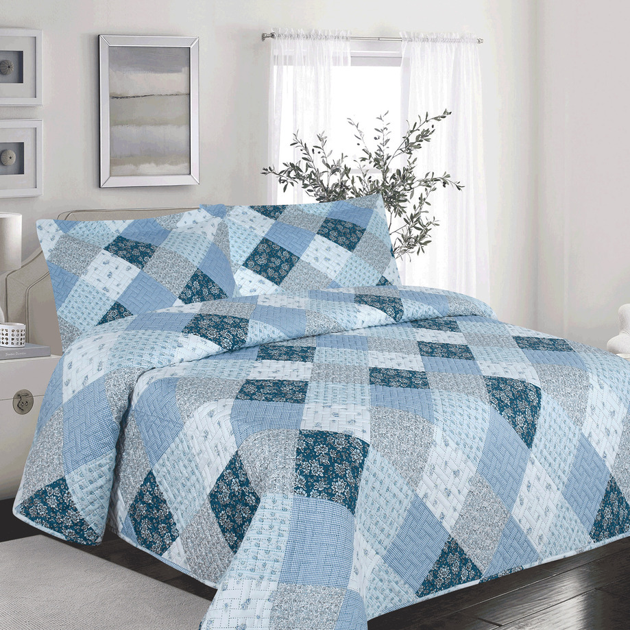 LEONIDAS - Printed cotton quilt set - Boho patchwork. Colour: blue