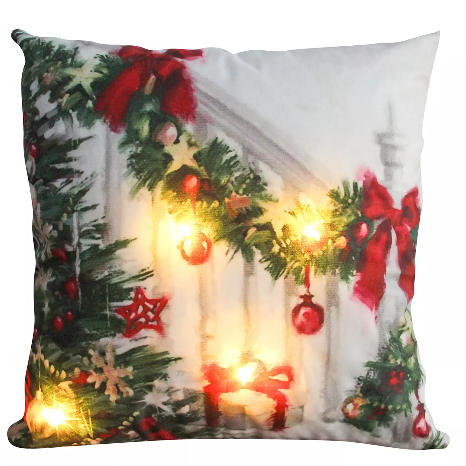 Light Up LED, photoreal printed Christmas cushion, Christmas garland, 17"x17"