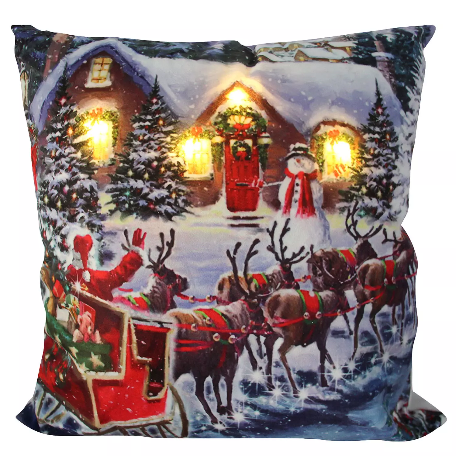 Light Up LED, photoreal printed Christmas cushion, Santa's sleigh, 17"x17"