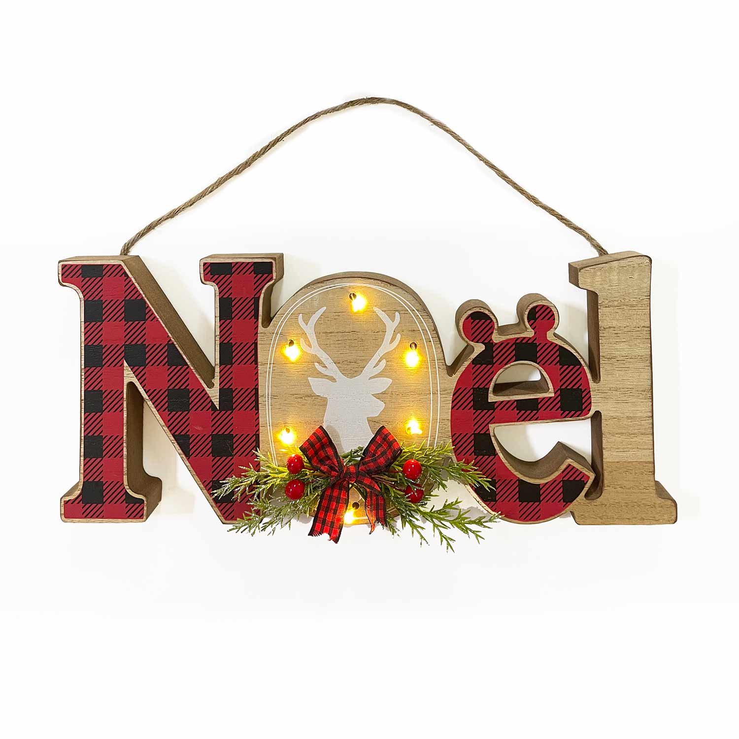 Light-up Wooden NOËL tabletop sign with red plaid pattern