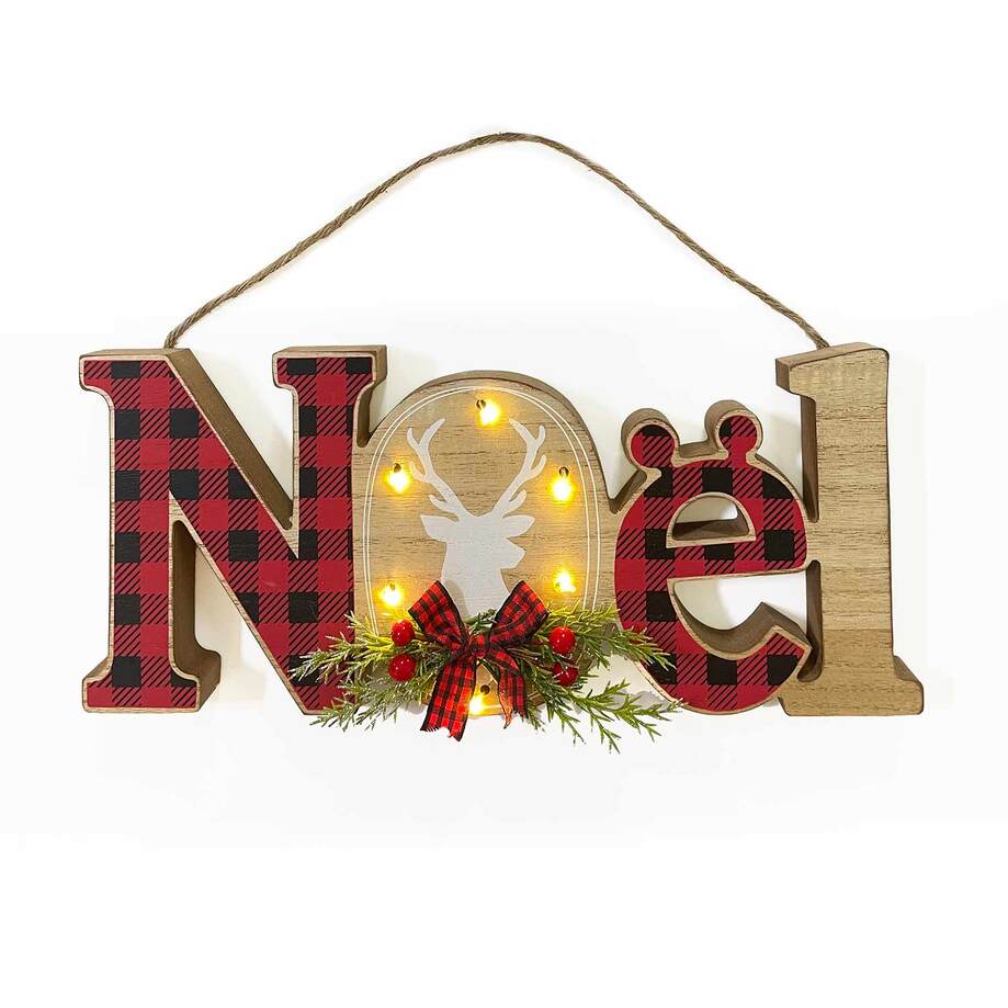 Light-up Wooden NOËL tabletop sign with red plaid pattern