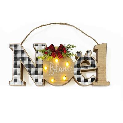 Light-up Wooden NOËL tabletop sign with white plaid pattern