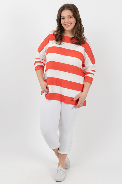 Lightweight boatneck drop-shoulder sweater - Coral nautical stripes - Plus Size