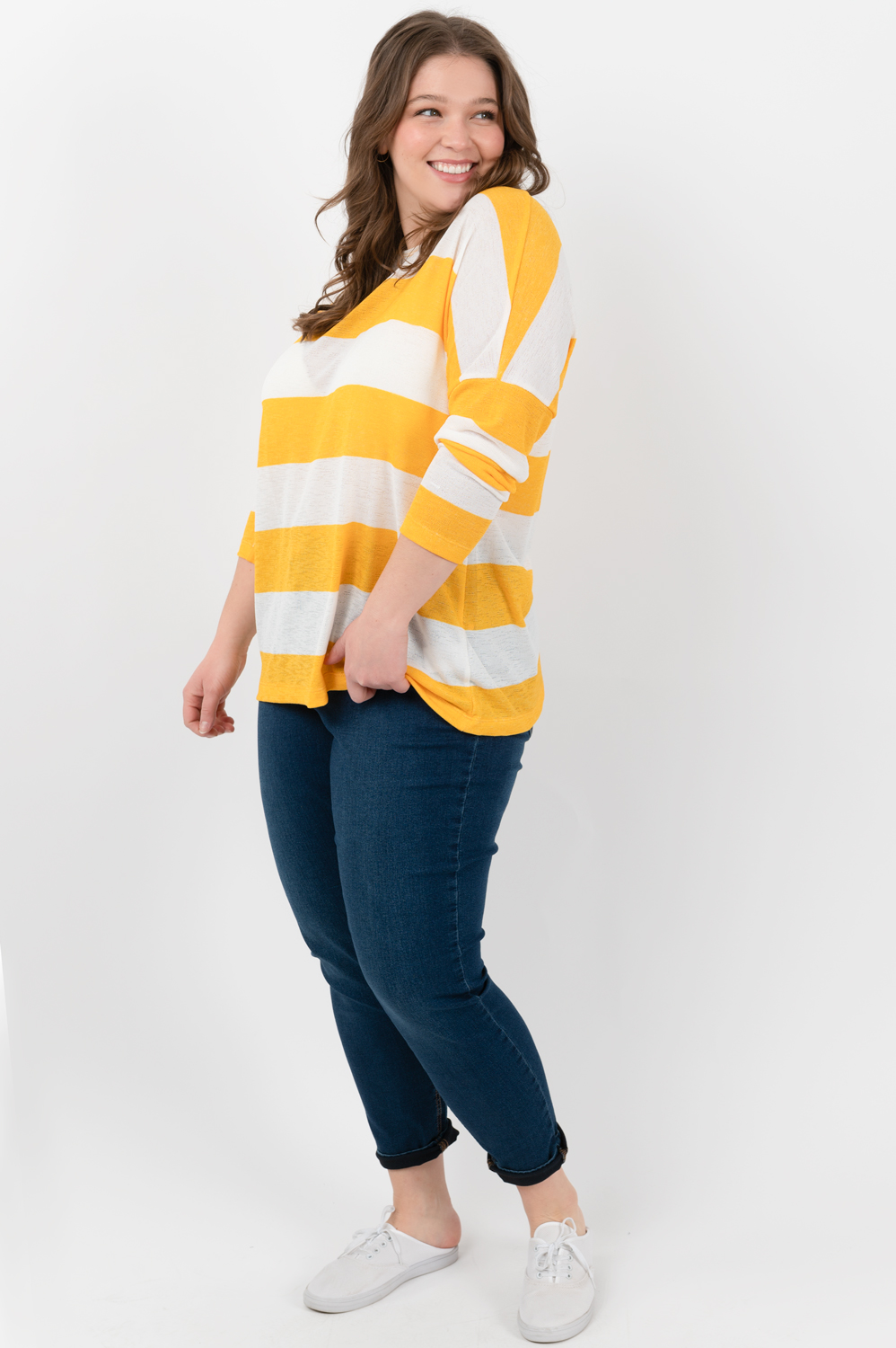 Lightweight boatneck drop-shoulder sweater - Yellow nautical stripes - Plus Size