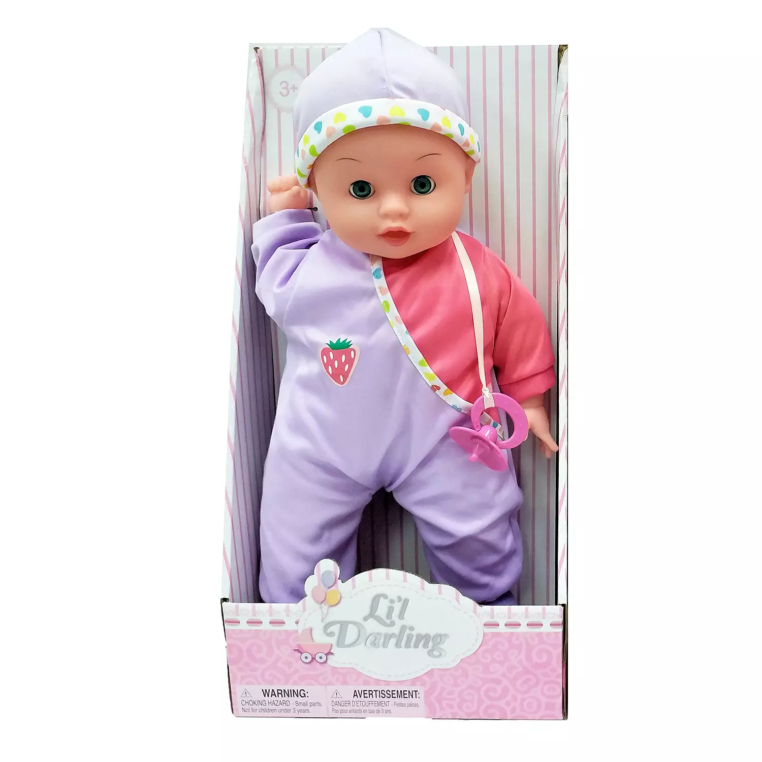 Li'l Daling baby doll with pacifier, lilac cap