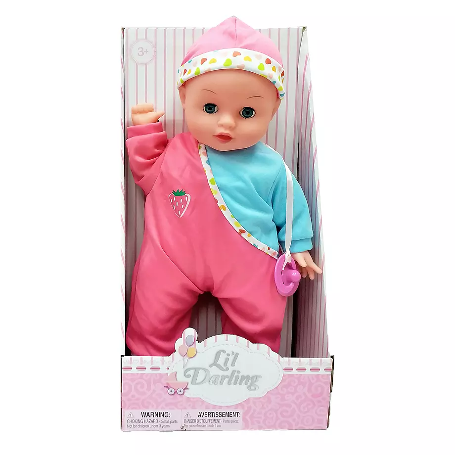 Li'l Daling baby doll with pacifier, pink cap